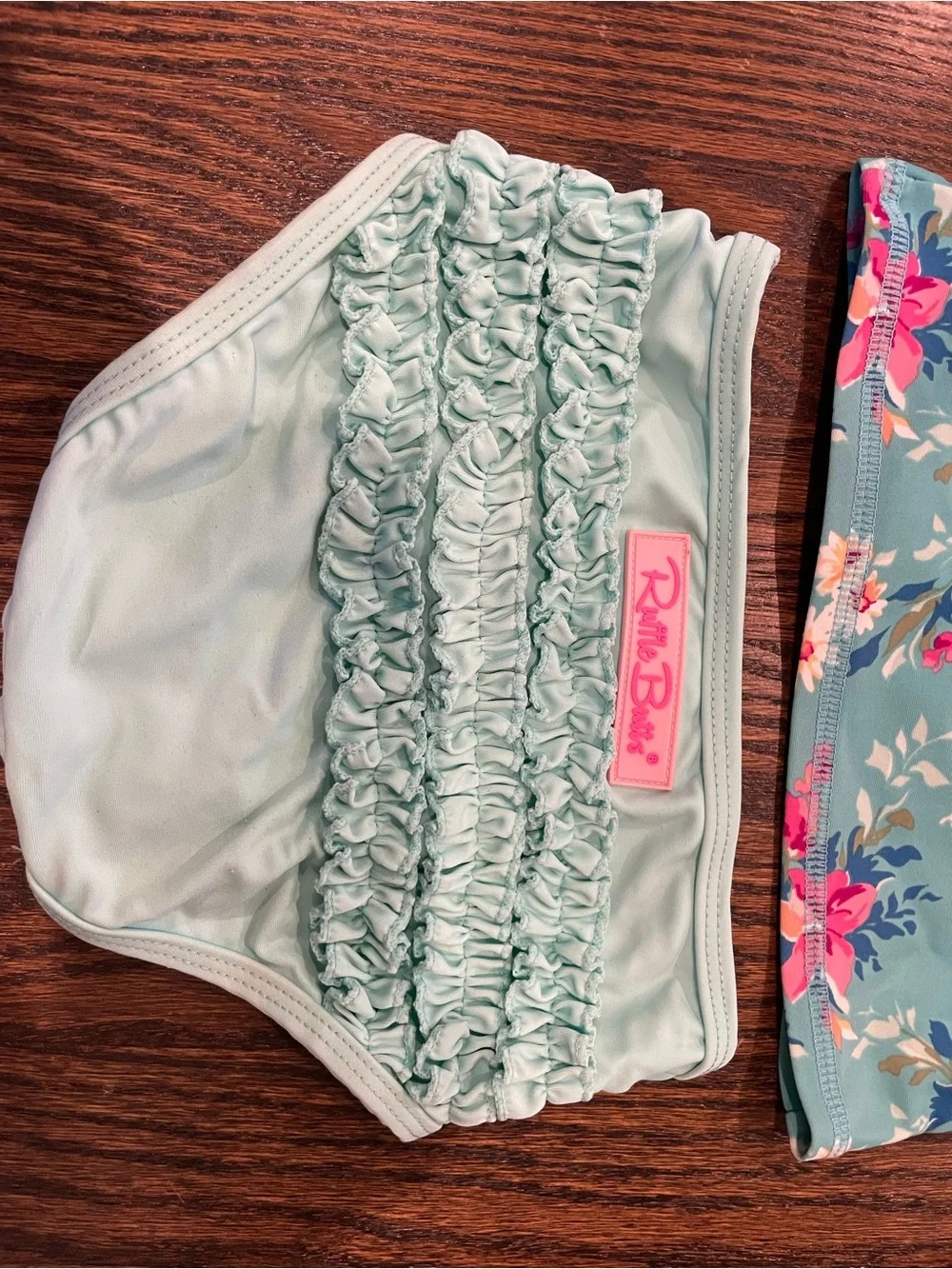 Ruffle Butts Aqua Floral Long-Sleeve Rashguard Set with Pink Accents